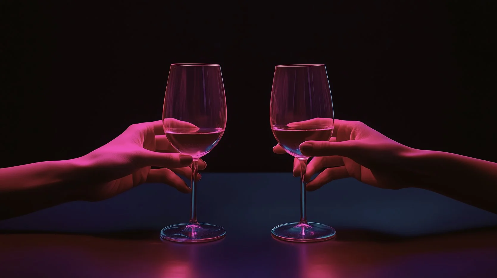 Two hands holding wine glasses about to toast over a table, lit in dramatic pink and purple lighting against a dark background, as two people are at dinner for tradeshow marketing.
