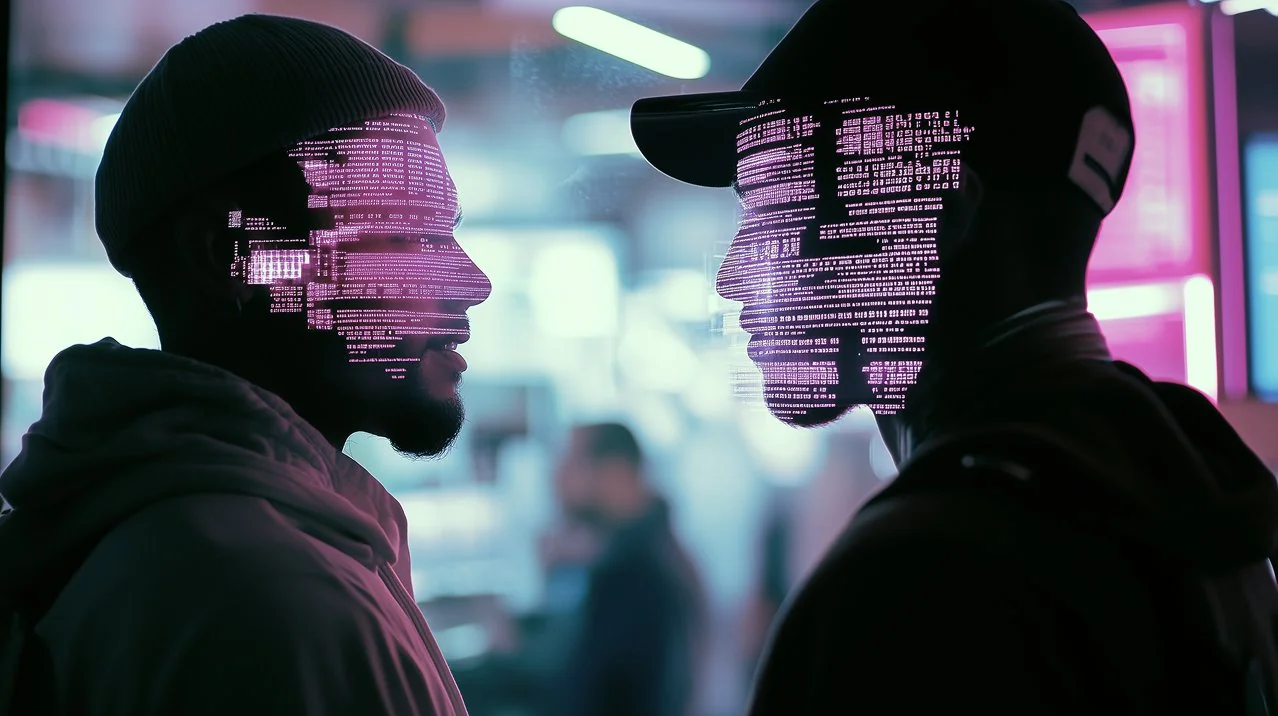 Two people facing each other in conversation with glowing pink digital data code projected onto their faces, set against a blurred tradeshow or event background.