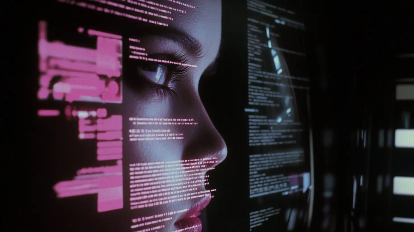 Close-up profile view of person's face illuminated by pink and blue code displays on CRT monitors in dark room, creating cyberpunk aesthetic with film grain texture.