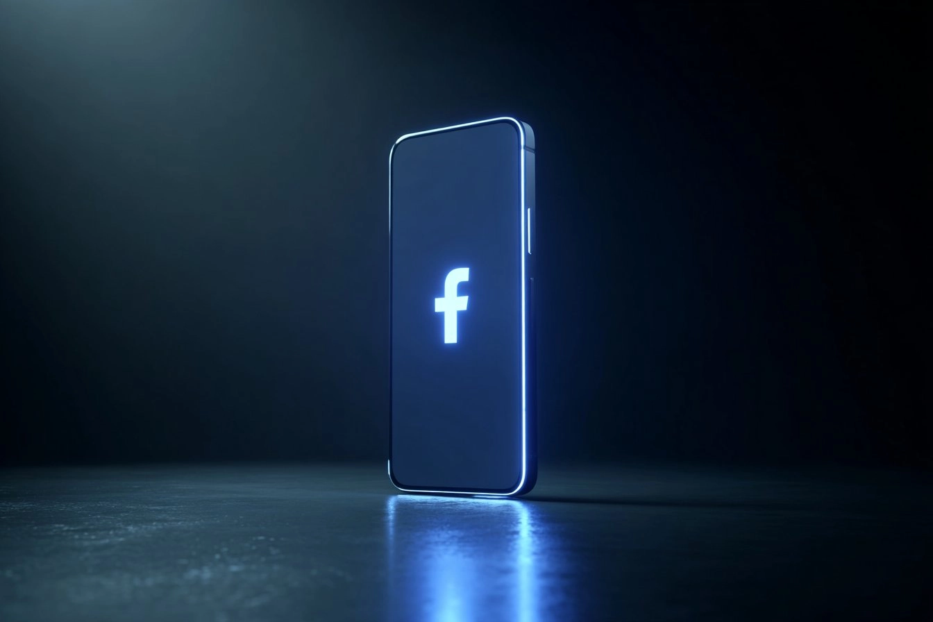 Modern smartphone standing upright on a dark reflective surface displaying a glowing white Facebook logo, illuminated by soft blue ambient lighting against a deep navy background.
