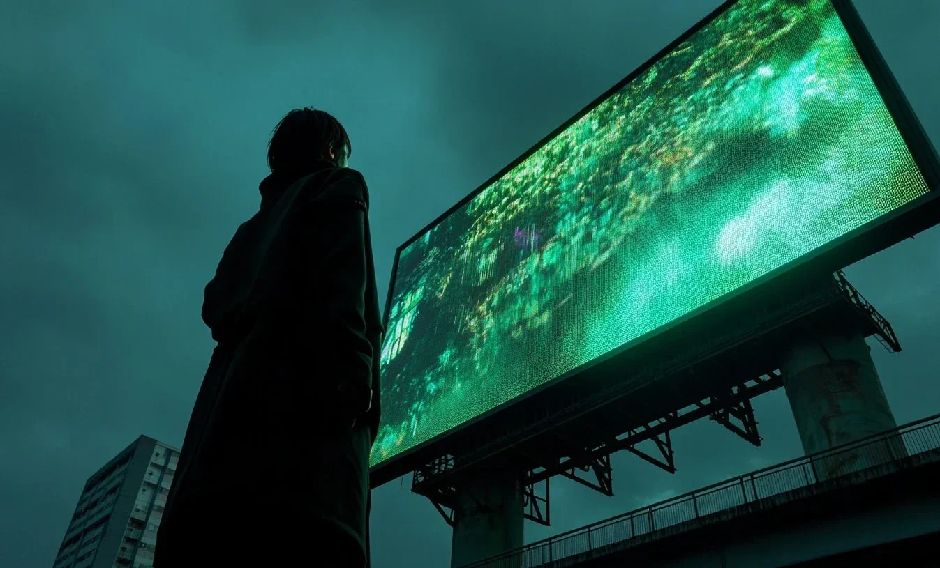 Silhouette of a person in a coat looking up at a large digital billboard displaying green abstract imagery against a dark teal sky in an urban setting