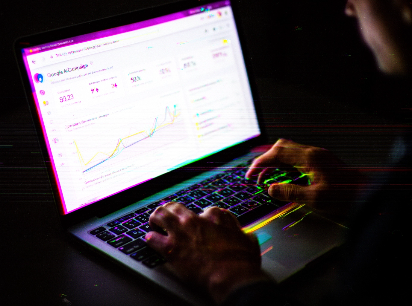 man on his computer looking at his Google Ad campaign trackboard