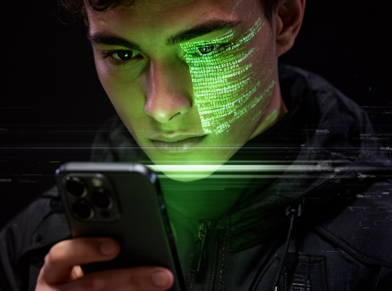 A man holding a phone shining UTMs on his face, which are used in offline marketing