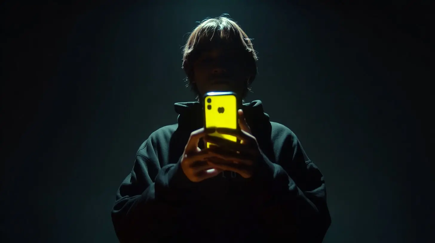 a person on their phone in the darkness with yellow accent lighting.
