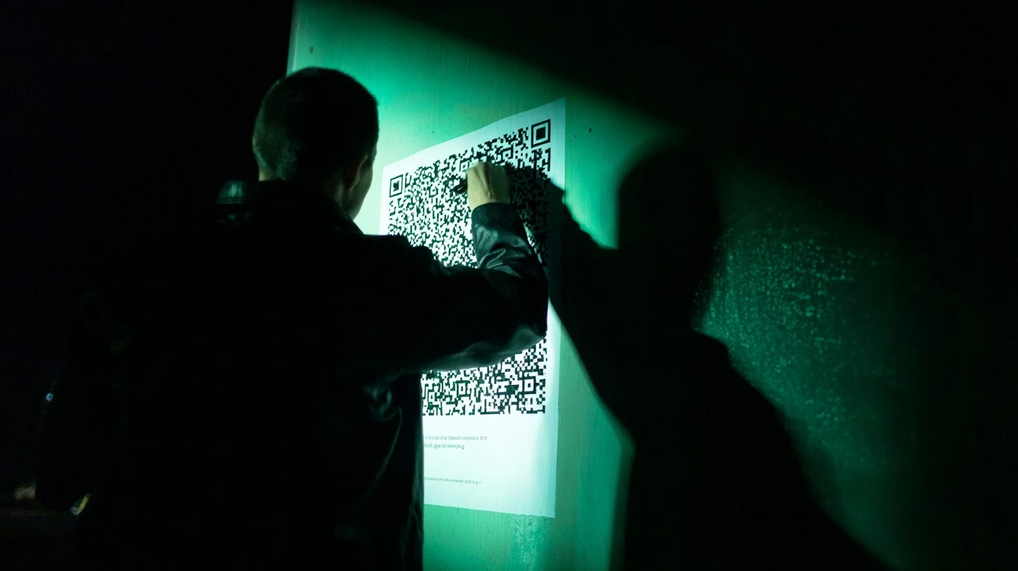 A person in dark clothing pressing a large QR code poster against a wall in a dimly lit space, illuminated by a green glow from behind the poster. A second silhouetted figure stands nearby. Small text is visible at the bottom of the poster.