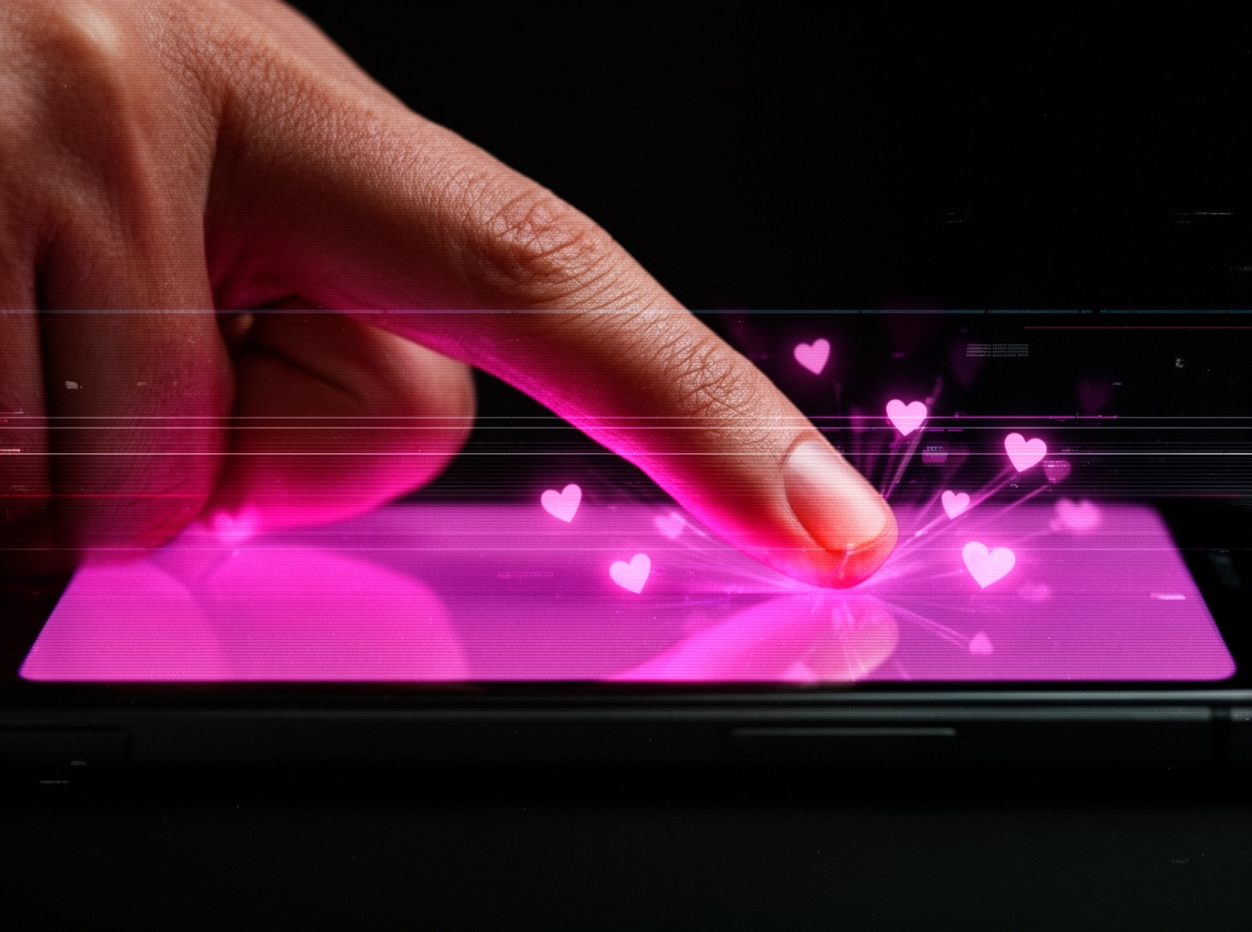 A finger tapping on a phone screen emitting pink hearts.
