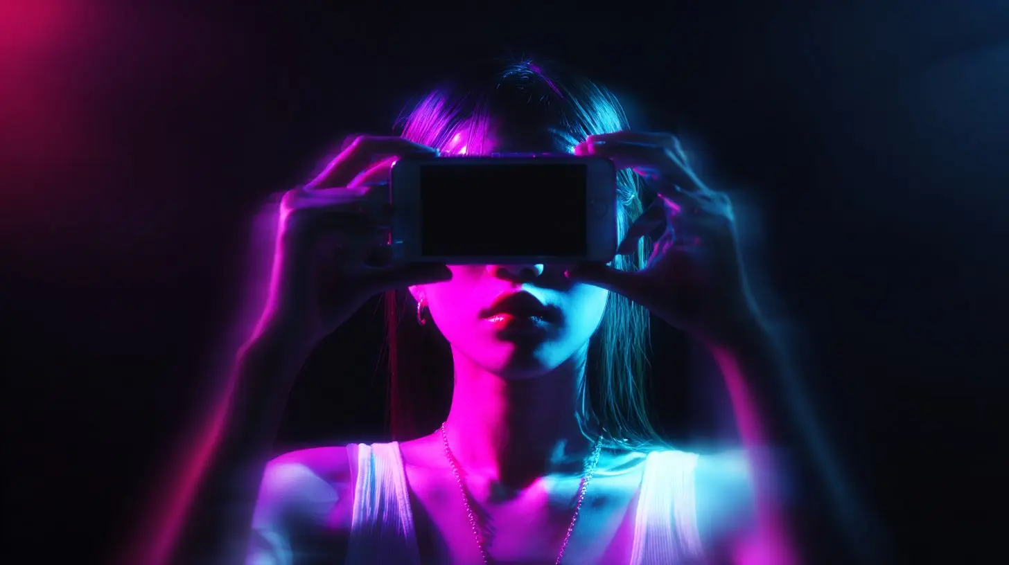 A young woman holds a dark-screened smartphone horizontally over her eyes in a dramatic pose, her face lit by vivid magenta and cyan neon light against a dark background, wearing a white tank top and chain necklace.