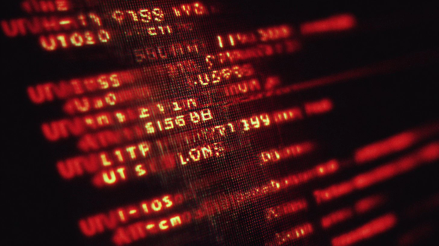 Extreme close-up of a CRT monitor screen displaying rows of red-glowing youtube UTM parameter strings and tracking data, with scan lines and film grain texture visible against a black background