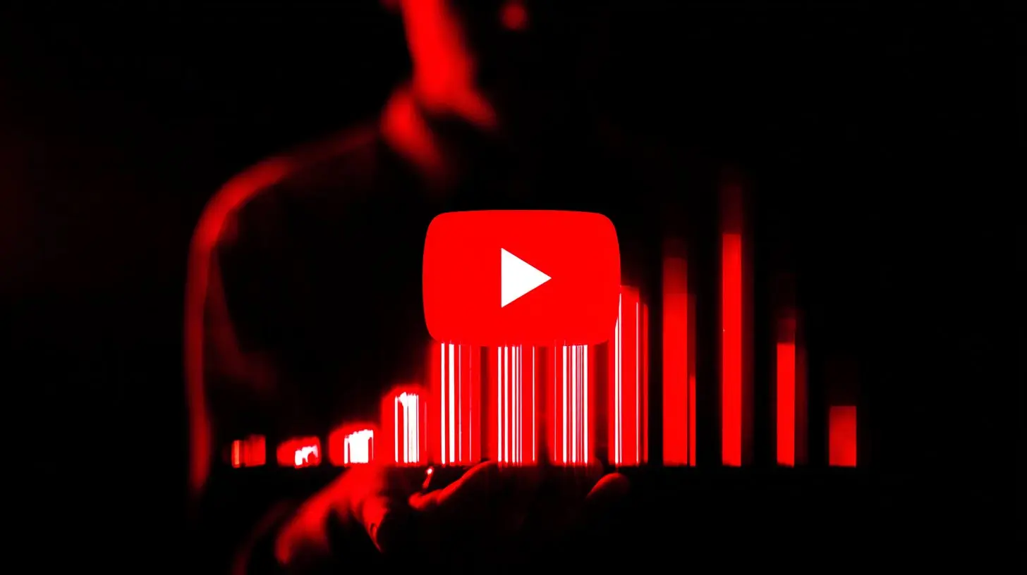 A dramatic dark-toned image of a silhouetted figure holding a glowing red bar chart with the YouTube play button logo overlaid in the center, symbolizing YouTube analytics data.