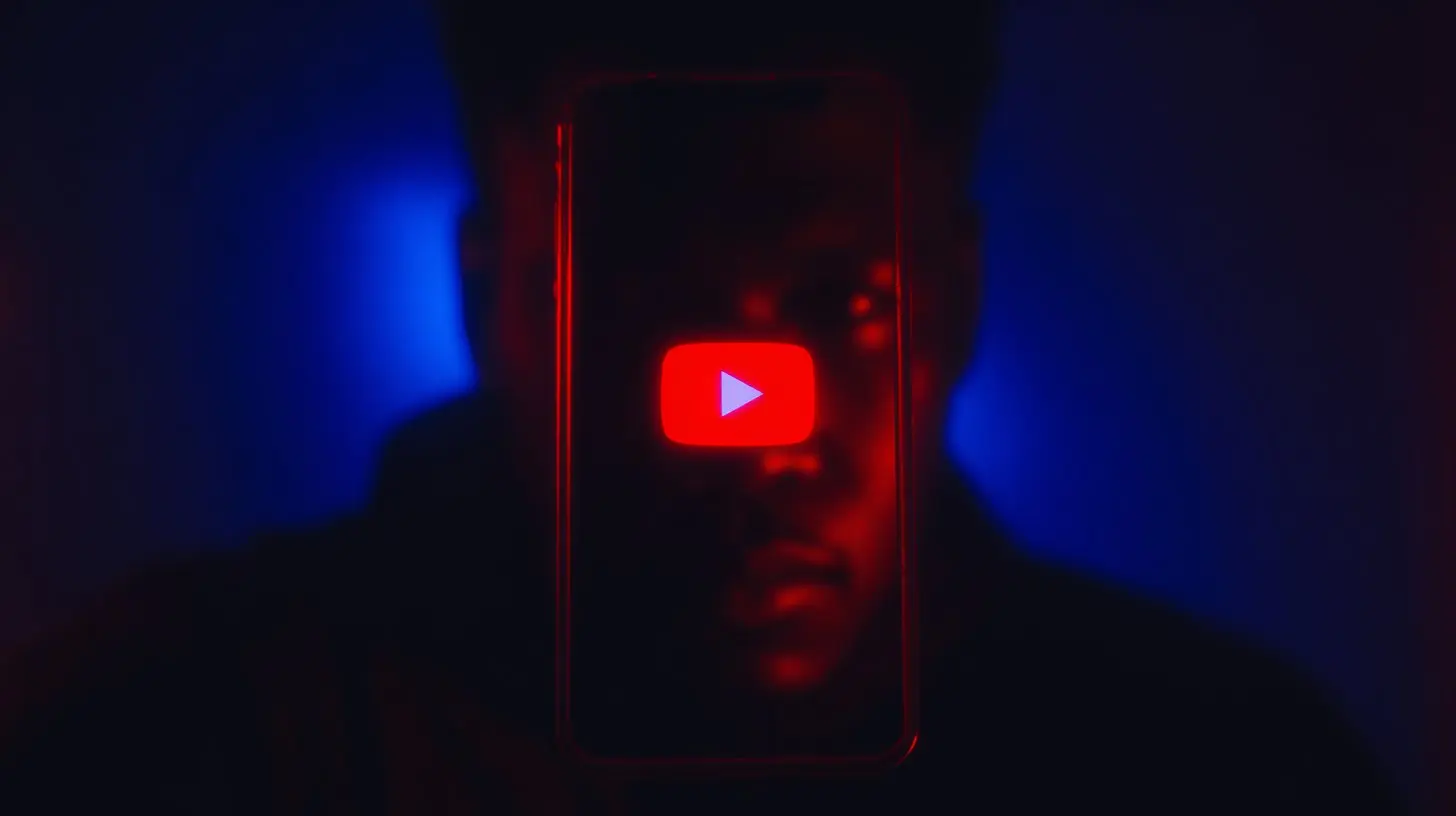 A darkened silhouette of a person holds a smartphone displaying a glowing red video play button icon in front of their face, obscuring their features. The scene is lit with dramatic red and blue neon tones, conveying themes of screen dependency or online media influence.