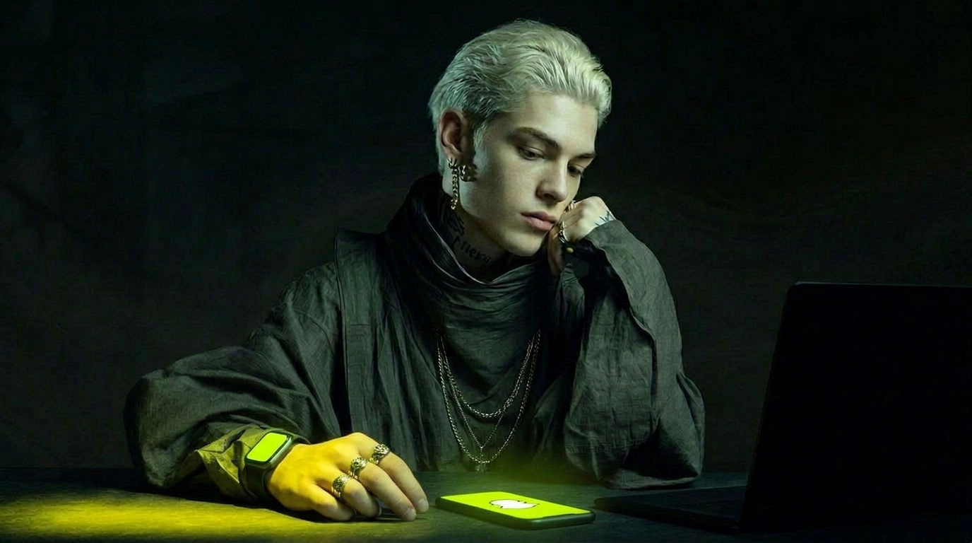 A young man with platinum blonde hair, face tattoos, gold chain necklaces, and multiple rings sits at a dark desk looking down at a glowing Snapchat-logo phone screen, with a laptop open beside him, lit by a moody yellow-green glow.
