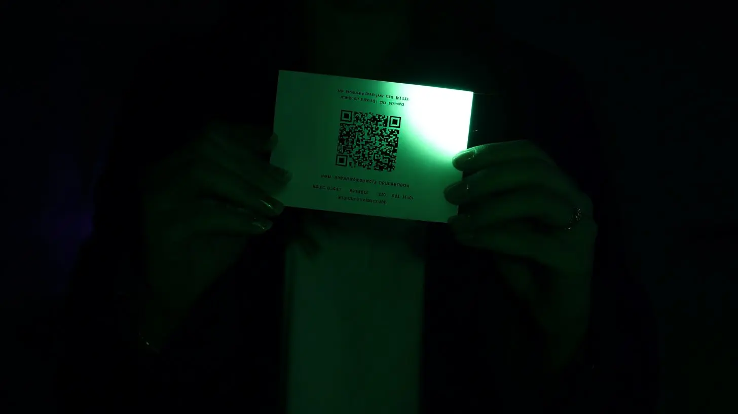 Two hands hold up a glowing green-lit flyer featuring a QR code and text in a dark environment, with the card illuminated from behind by an intense green light.