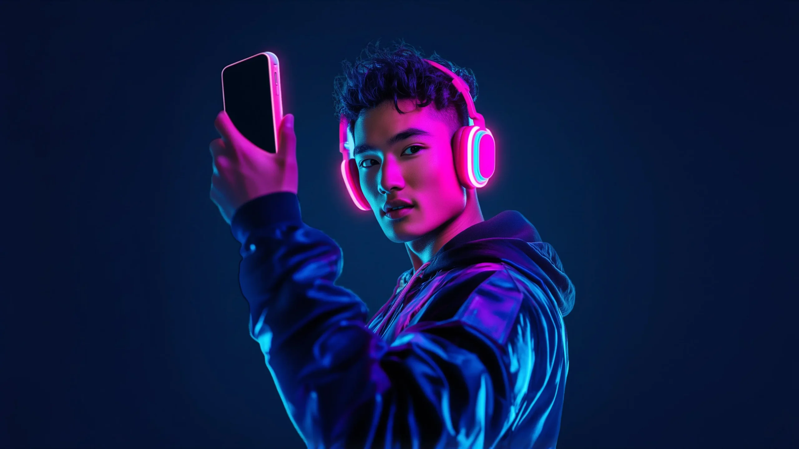 A young man wearing glowing pink over-ear headphones and a shiny blue jacket holds a smartphone up in one hand while looking directly at the camera, lit by vivid magenta and cyan neon light against a deep blue background.